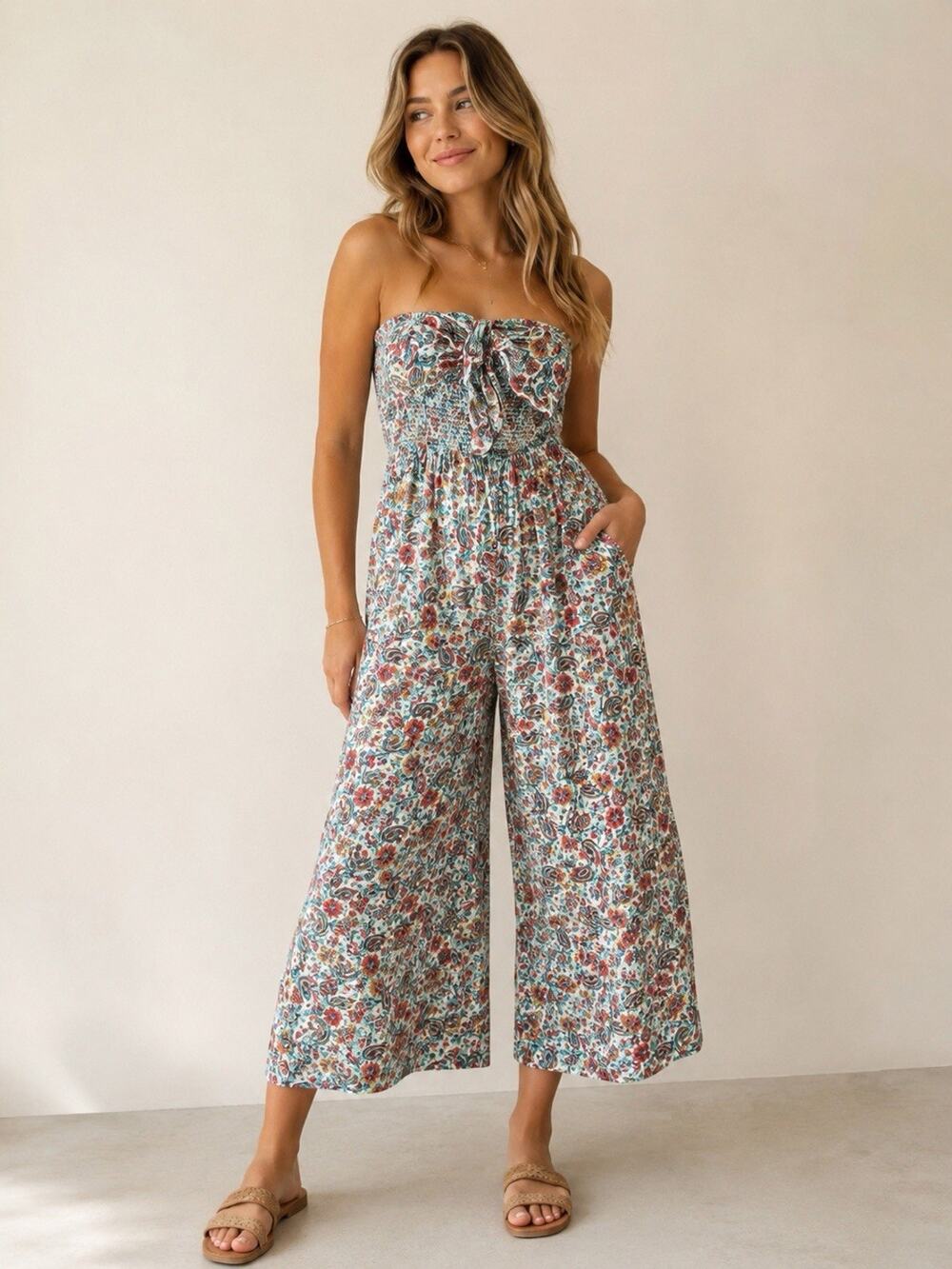 Patrons of Peace Boho Smocked Paisley Strapless Wide Leg Jumpsuit L Vacation
